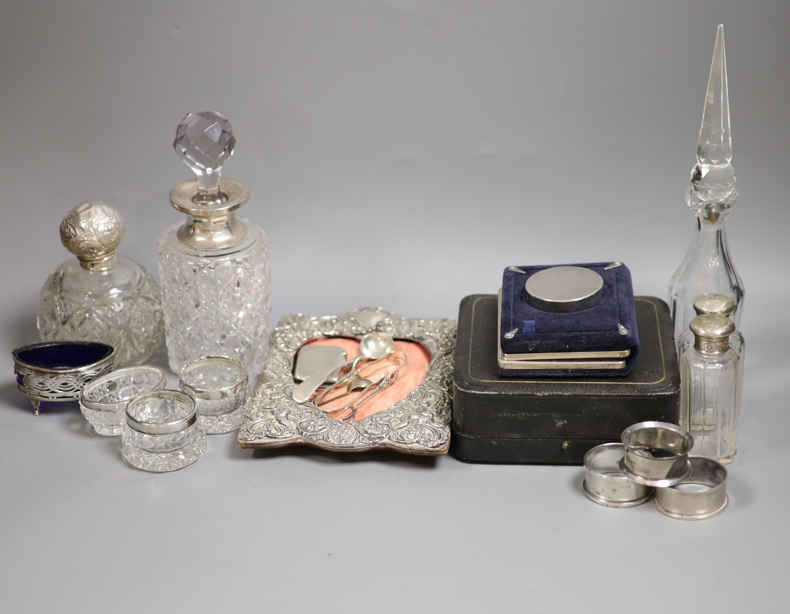 A group of small silver including christening set, napkin rings, scent bottles, etc.